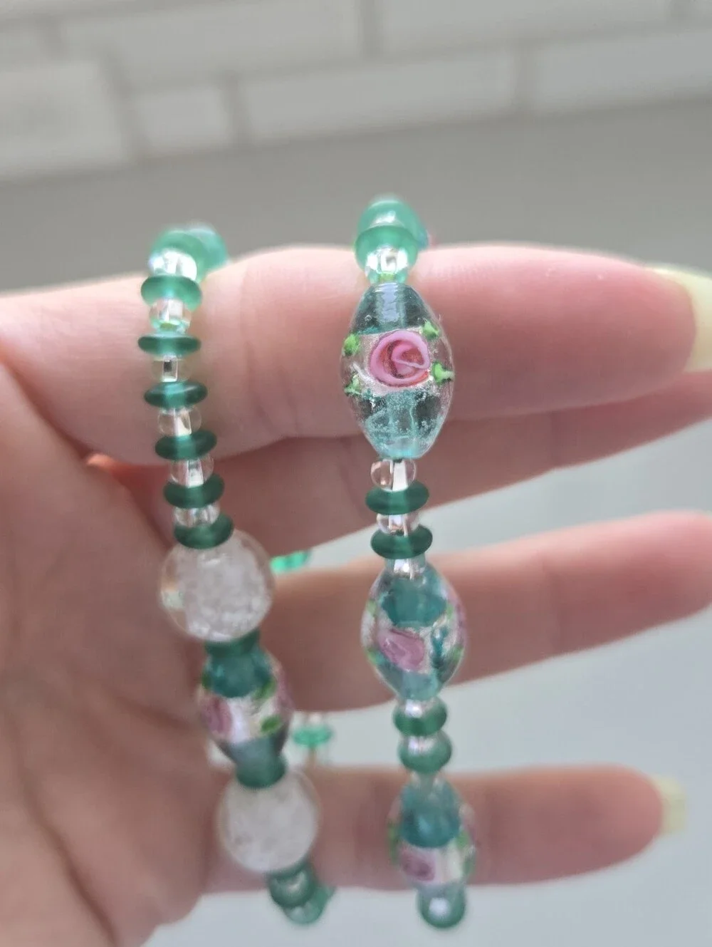 Handmade Vintage Hand Blown Glass Floral Bead Stretch Bracelet Set